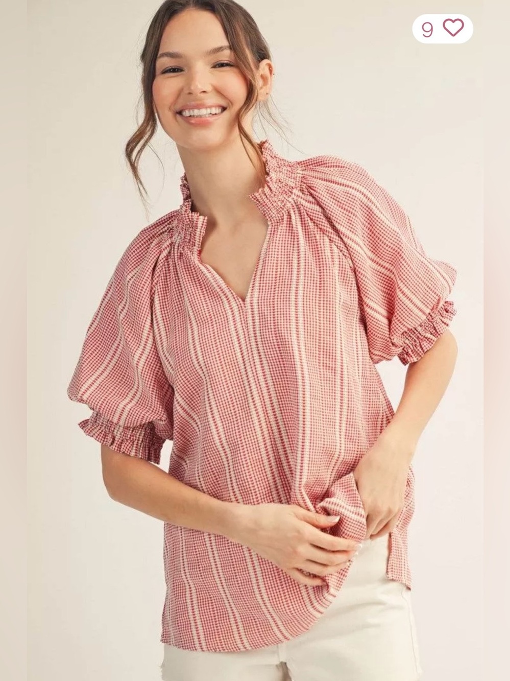 JODIFL Red Striped Ruffle-Trim Puff Sleeve Blouse